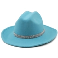 Royal blue wool fedora hat with silver sequin band and flat brim for fashion - M (56-58cm) / Lake Blue