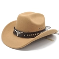 Detail of camel western cowboy hat featuring silver bull horn metal emblem and studded band - M (56-58cm) / Camel