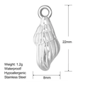 Detailed view of silver stainless steel shell pendant with precise 22mm x 8mm dimensions - Shell/Wing (SS0004)