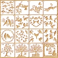 16-pack PET painting stencils featuring diverse bird, tree, and heart patterns on wood - Square 15cm Birds & Trees (16 Sheets)
