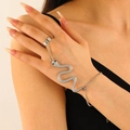 Gothic silver snake bracelet ring combo with white zircons and black gemstone eyes - Snake Ring-Linked Bracelet (7391) / Silver