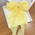 Large lemon yellow chiffon bow hair clip with polka dot texture and long ribbons - Long Streamer Spring Clip / Yellow Polka Dot