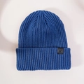 Navy blue ribbed knit beanie featuring a decorative black leather patch and cozy texture - M (56-58cm) / Fog Blue