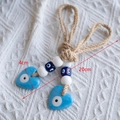 Blue glass evil eye heart charms with jute rope and beads for wall hanging - Blue Heart