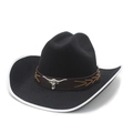 Classic black wool felt cowboy hat featuring white trim and silver bull head leather band - M (56-58cm) / Black with White Binding