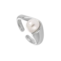 Minimalist S925 sterling silver open ring featuring a large white pearl in silver finish - Adjustable Open / White Gold