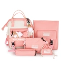Five-piece nylon backpack set for girls in pink and beige patchwork design - 9034 Pink