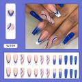 Close-up of W399 coffin press-on nails with blue and nude pink geometric patterns - W399 Sea Blue Ballet (Glue Type)