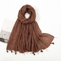 Dark brown floral cotton linen scarf with white prints and fringe tassels for women - Xb574-03 / 180*90CM