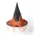 Black Oxford Halloween witch hat featuring orange spider web lace and rhinestone buckle - Orange Spider Web