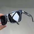 Close-up of matte wood-grain texture frames and KDEAM logo on square polarized sunglasses - Wood Grain Gray / Dark Gray Lens