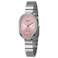 Detail of an oval pink dial and silver bamboo steel strap on a quartz women's watch - Silver Pink