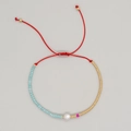 Bohemian handmade red string bracelet with blue beads, gold accents and a white pearl - Red Rope Blue Gold Beads Single Pearl (MI-B220499D)