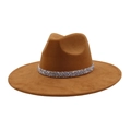 Brown faux suede fedora hat with wide brim and sparkling rhinestone band for men and women - 58 / Khaki
