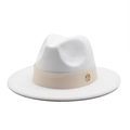Classic white wide brim wool fedora hat with beige decorative band and gold metal logo - M (56-58cm) / White