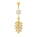 Makroaufnahme Bauchnabelpiercing Gold mit Marquise-Zirkonia und Blattanhänger Details - Goldbasis Weißes Blatt Stil (24060702-1)