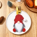 Christmas gnome cutlery holder with red plaid hat and golden utensils on a plate - Faceless Gnome Cutlery Set B