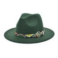 Dark green wool fedora hat with a colorful snakeskin pattern belt and gold metal buckle - M (56-58cm) / Dark Green