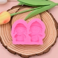 Pink silicone mold with cute cartoon boy and girl shapes for DIY fondant or soap making - Pink Double-Hole Cartoon Characters