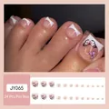 Pink butterfly French press-on toenails with white tips and floral art, 24 pieces set - JY065 French Butterfly