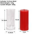 Cylindrical acrylic candle mold for DIY crafts with 7x15cm dimensions and candle sample - Cylinder 7x15cm