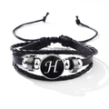Men's multi-layer black leather woven bracelet featuring a round charm with letter H - Letter-H
