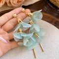 Long floral mesh earrings in light green with golden chain and silver needle studs - Mint Green Layered Tulle Tassel Earrings (10#) / Gold Green