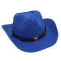 Close-up of woven straw texture with decorative leather belt and silver bull skull ornament - One Size / Sapphire Blue