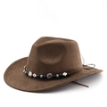 Brown faux suede western cowboy hat with bohemian turquoise beaded belt trim decoration - M(56-58cm) / Coffee