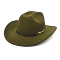 Macro shot of olive green wool fedora hat featuring brown leather band and metal buckle detail - M (56-58cm) / Army Green