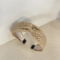 Beige bohemien stijl breed gevlochten haarband met knoopontwerp en stro-textuur - Khaki