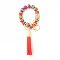 Rainbow silicone bead keychain with red leather tassel and geometric wood bead detail - Rainbow Color Red Tassel Style (3)