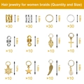 Detailed grid of 200pcs braid jewelry showing leaf and star charms with exact dimensions - Gold & Silver 200Pcs Set (With Storage Box)
