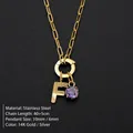 Stainless steel necklace with textured letter F and purple gemstone pendant. - Letter F Style (Steel) / Silver