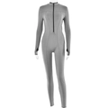 Detail of grey slim fit jumpsuit featuring a front zipper and thumbhole cuffs on sleeves - S / Gray