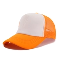 Close-up of orange and white mesh trucker hat showing reinforced stitching and breathable net - One Size / Orange + White