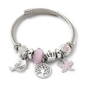 Silver cable bracelet with pink glass beads, dolphin and tree of life charms - Dolphin Life Tree Starfish (C2-020) / Pink