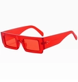 Detail view of red transparent square sunglasses with rivets and specifications on temple - Transparent Red