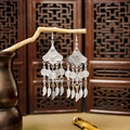 Silver bohemian tassel earrings featuring hollow fan shapes and leaf charms on branches - Silver Fan Layered Tassel(E5663)