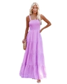 Purple spaghetti strap maxi dress with tiered cake skirt and pleated bodice for summer - S / Purple