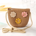 Miniature woven straw bucket bag for girls with floral accents and a long shoulder strap - Button 3 Flowers / Brown