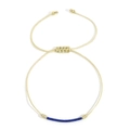 Handmade woven beige cord bracelet with blue bead accents and adjustable gold bead ends - Blue Beaded / Light Yellow