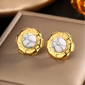 18K gold plated titanium steel turquoise stud earrings with marble texture and rhinestones - Gold White Turquoise