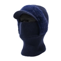 Dunkelblaue Strick-Balaclava mit Kunstfellbesatz und integriertem Nackenwärmer - Einheitsgröße / Marineblau