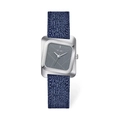 Square silver steel watch with dark grey geometric dial and blue denim texture strap - Blue Leather Strap