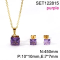 Gold plated stainless steel jewelry set with square purple zircon pendant and earrings - Gold-Purple Stone