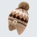 Brown geometric diamond pattern knit hat with ear flaps and a plush pom-pom top - Color-blocked Rhombus / Khaki
