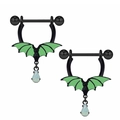 Detail of black bat nipple rings with green wings and white teardrop pendants - Green Bat Blue Gem Nipple Ring (2311110001)