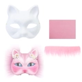 DIY Halloween white cat pulp mask kit with pink plush fabric and floral decoration - DIY Paper Pulp Mask And Accessories (Pink)