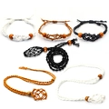 Collar de red tejida a mano en negro, blanco y marrón con cuentas de madera natural - Juego de 6 piezas / Cuentas Amarillas